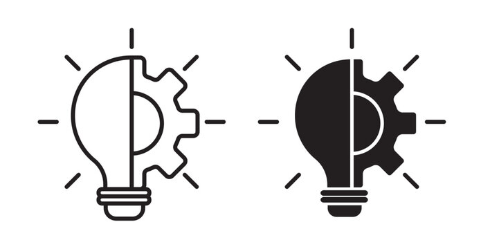 Innovation icon set with lightbulb and gear sign. creative solution bulb and cogwheel vector symbol.