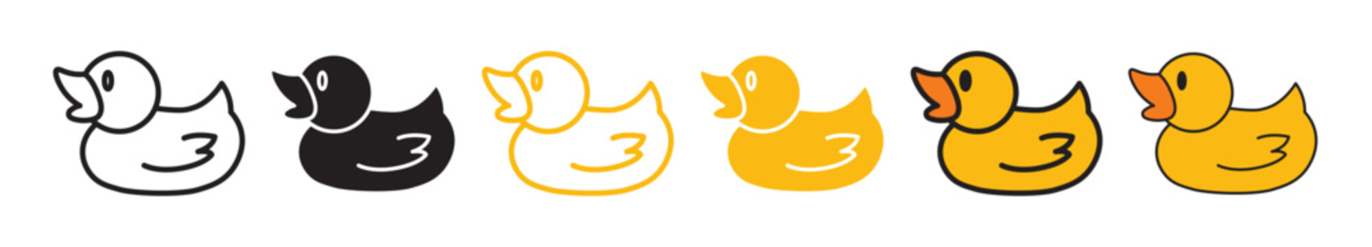 rubber duck vector icon set in black and yellow color. plastic toy duck pictogram in fill and outline style.