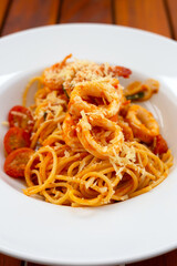 Spaghetti carbonara with seafood. Italian pasta dishes
