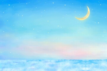 Obraz na płótnie Canvas 夕暮れ空の大きな三日月と揺らめく海の幻想的な水彩イラスト。