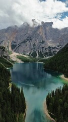 drone photo Lake Braies, lago di braies Dolomites Italy	 europe