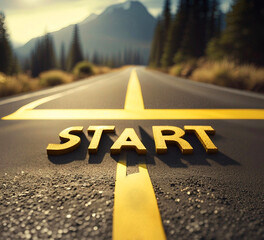  The word start written in yellow on black asphalt on a road leading to high mountains.
The concept of beginnings, new projects, new challenges, new year. - obrazy, fototapety, plakaty