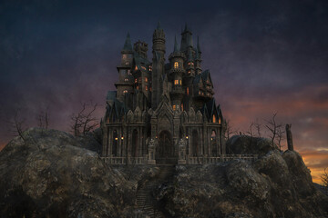 Dark fantasy mysterious gothic vampire castle on a misty mountain after sunset. 3D rendering. © IG Digital Arts
