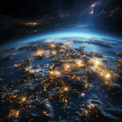 Fototapeta premium the earth seen from space, light reflections and flashes form a spatial atmosphere Generative AI
