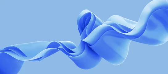 Keuken foto achterwand 3d render, abstract background with folded textile ruffle, curvy waving ribbons, blue cloth macro, fashion wallpaper © wacomka
