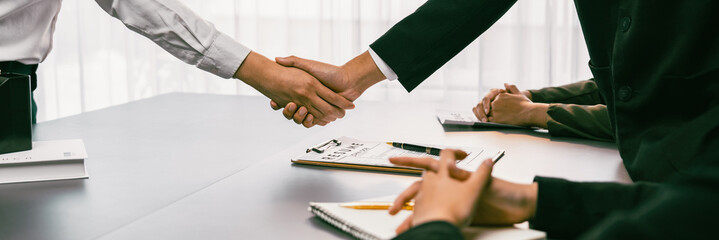 Successful job interview at business office end with handshake as the hired candidate seals the...