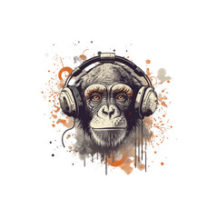 Illustration of the monkey chimpanzee listening to music with a headset on the head.