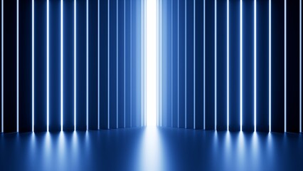 3d rendering, abstract dark blue geometric background. Vertical lines and stripes, white light slots. Minimalist wallpaper