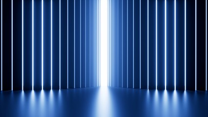 3d rendering, abstract dark blue geometric background. Vertical lines and stripes, white light slots. Minimalist wallpaper
