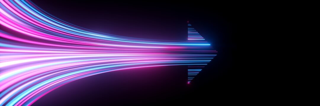 3d render, abstract minimalist geometric background. Speed concept. Colorful neon arrow shows right direction, glowing in the dark