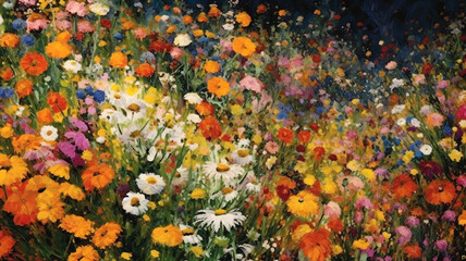 Obraz na płótnie Canvas Painting with various colorful flowers in a meadow - generative AI, AI generated