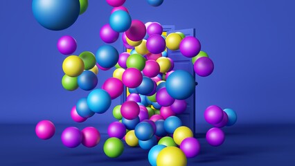3d render. Colorful balls and balloons flying out the open door. Party concept