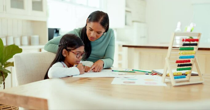 Homework, mother or girl writing for education or learning an artistic kindergarten school project. Teaching, family or child student studying with mom for help or support drawing on paper in house