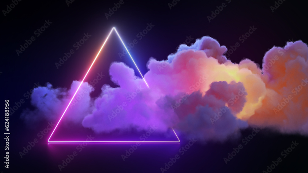 Wall mural 3d render, abstract background. neon light glowing inside the cloud and neon triangular shape