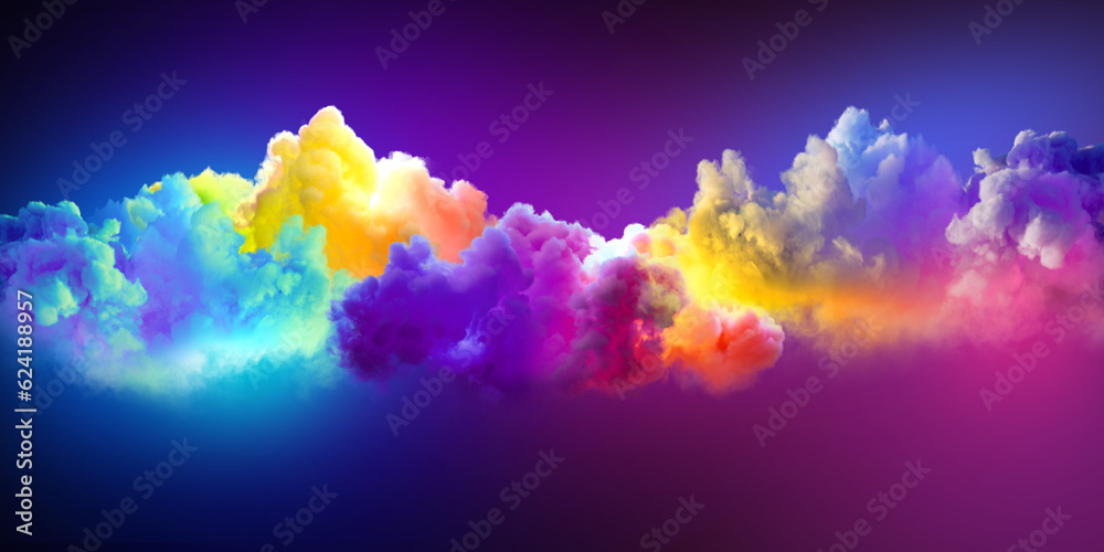 Poster 3d render, abstract fantasy background of colorful sky with neon clouds