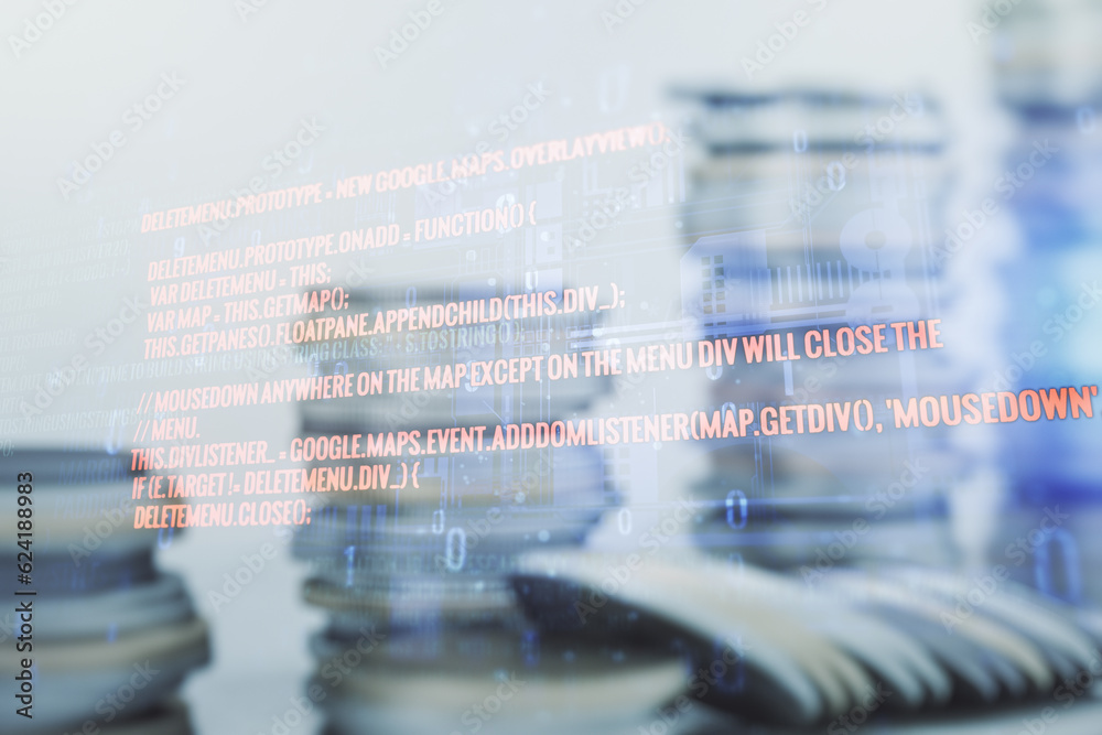 Poster double exposure of abstract programming language interface on growing stacks of coins background, re