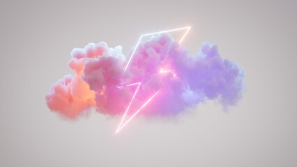 3d render, geometric lightning sign glows with neon light inside the colorful cloud isolated on white background, fantasy sky. Stormy cumulus with geometric shape © NeoLeo