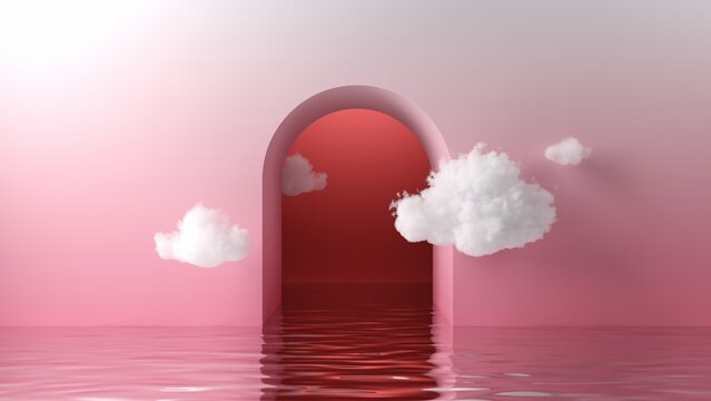 3d rendering, abstract fantasy background of fluffy clouds flying around the rounded arch on the pink wall. White cumulus levitates above the water. Minimalist surreal geometric wallpaper