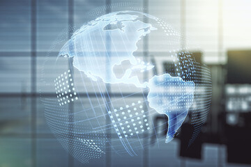 Double exposure of digital map of North America hologram on a modern meeting room background, research and strategy concept