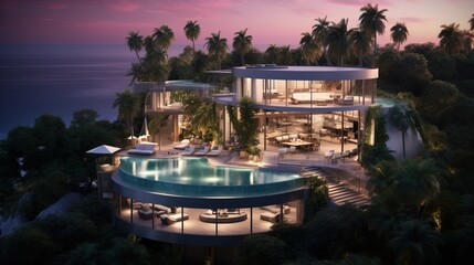 Obraz na płótnie Canvas Incredibly Huge Mansion over a Coast near the Ocean. Futuristic