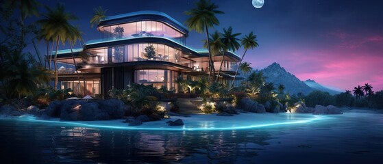 Fototapeta na wymiar Incredibly Huge Mansion over a Coast near the Ocean. Futuristic