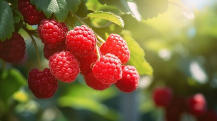 Fresh, juicy, ripe raspberries. In field. AI generation.