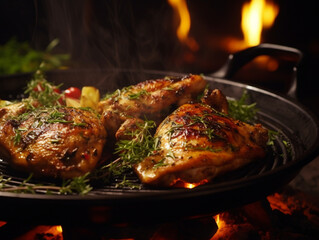 Golden Delight: Sizzling Chicken Dish Garnished with Fresh Herbs