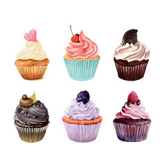 set of cupcakes with icing. vector illustration. set of bright watercolor cupcakes with cream and fruits. dessert collection. cake. food for holidays