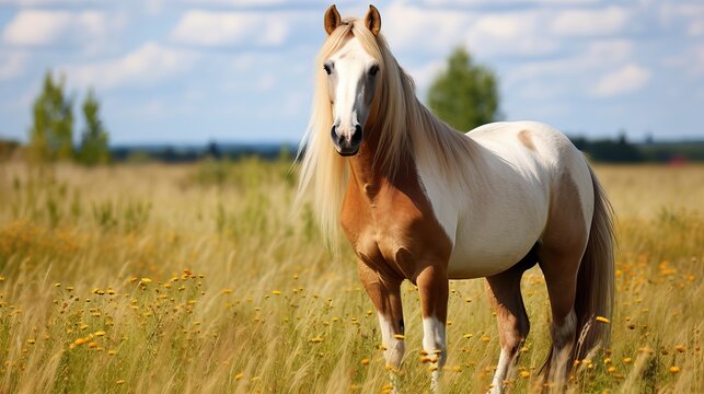 An image of a beautiful free horse in the field on a clear day. Generative AI.