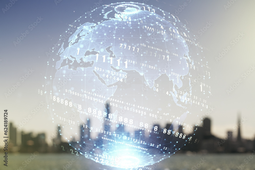 Poster multi exposure of abstract graphic coding sketch and world map on blurry skyscrapers background, big