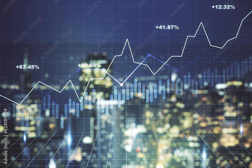 Poster Multi exposure of abstract virtual financial graph hologram on blurry skyline background, forex and investment concept