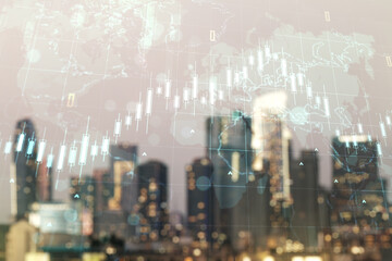 Multi exposure of virtual abstract financial chart hologram and world map on blurry cityscape background, research and analytics concept