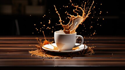 An image of coffee splashing in a mug, adding dynamism to the scene. Generative AI.
