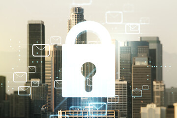 Abstract virtual lock symbol and postal envelopes illustration on Los Angeles skyline background. Protection and firewall concept. Multiexposure