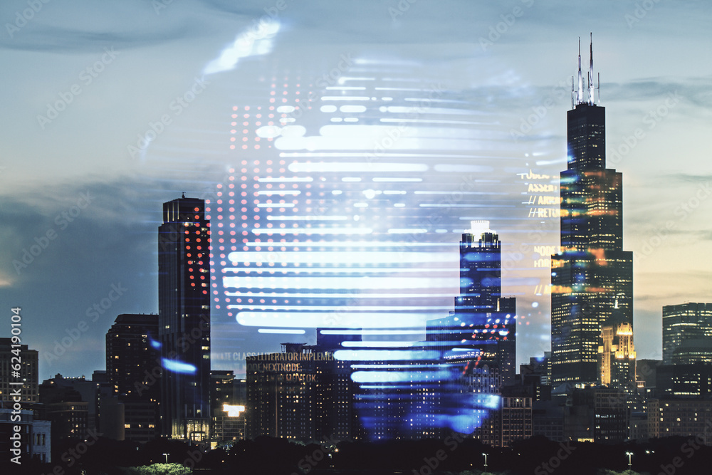 Poster multi exposure of abstract programming language hologram and world map on chicago office buildings b