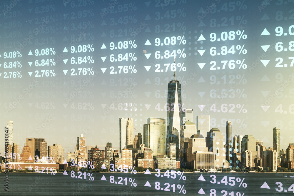 Poster Double exposure of abstract creative statistics data hologram on New York city office buildings background, analytics and forecasting concept