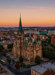 Aerial veiw on Elizabeth church in Lviv at sunset. Ukraine