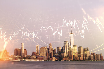 Fototapeta na wymiar Abstract virtual financial graph hologram on New York skyline background, forex and investment concept. Multiexposure