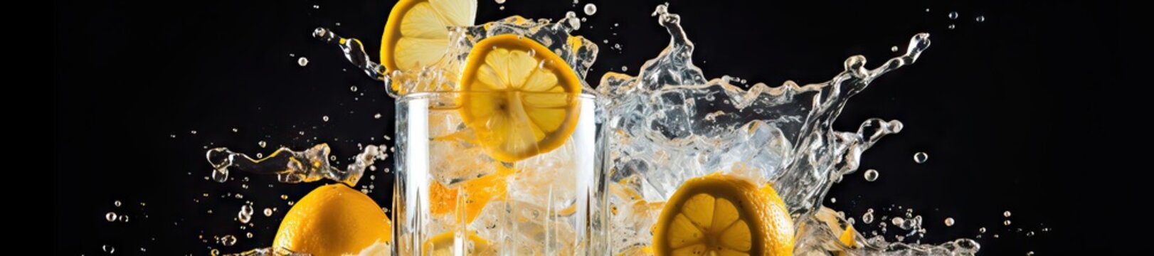 A wide horizontal image of ice cubes falling into a refreshing glass of lemonade. Generative AI.