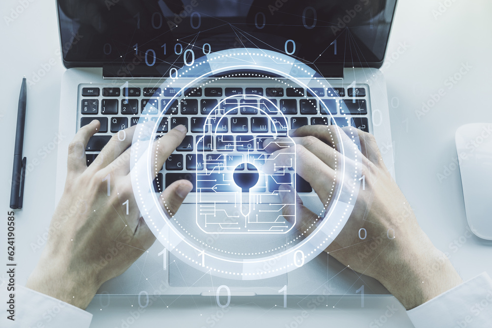 Poster Creative lock sketch with chip hologram and hands typing on computer keyboard on background, protection of personal data concept. Multiexposure