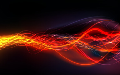 Long exposure,  neon metallic gold color in an abstract swirl, parallel lines pattern against a colorful dark background