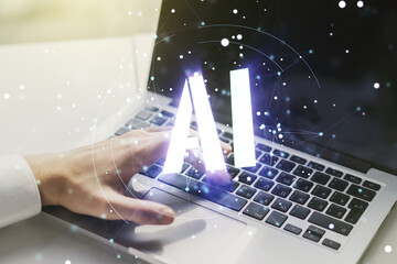 Creative artificial Intelligence symbol concept with hands typing on laptop on background. Multiexposure