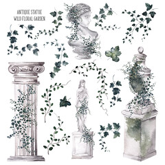 Watercolor clip art with elegant antique statue and vase. Wildflowers, rose and delicate green leaves, isolated on white background