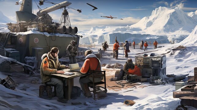 An image of a group of scientists conducting research experiments in the Antarctic. Generative AI.