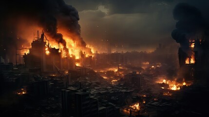 An image of a city covered in fire at night, reflecting a devastating scene. Generative AI.