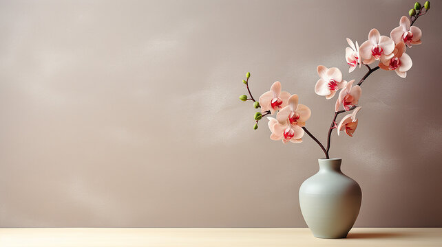 Ramo del fiore orchidea  in vaso di argilla vicino al fondo beige rosato di parete di stucco, . Interior design del soggiorno moderno minimalista  con spazio per testo