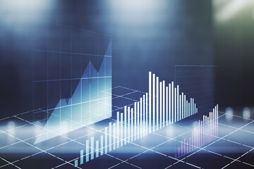 Multi exposure of abstract virtual financial graph hologram on blurry modern office building background, forex and investment concept