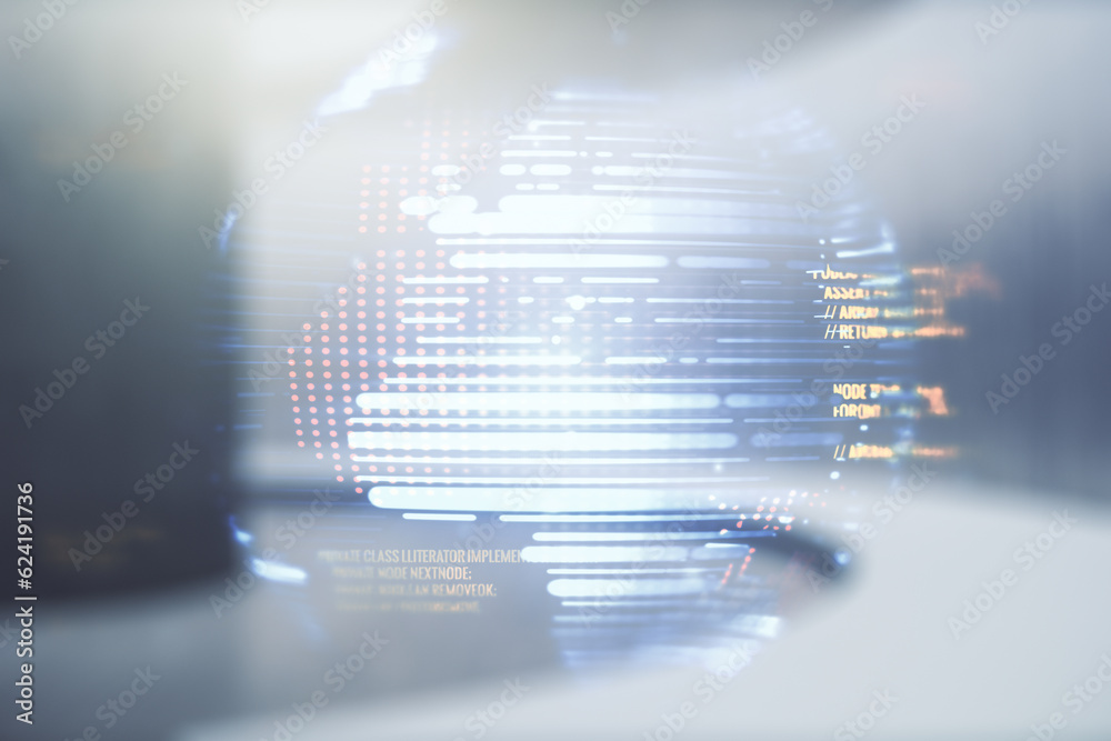 Poster double exposure of abstract programming language hologram and world map on empty modern office backg