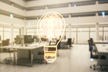 Double exposure of abstract virtual creative light bulb hologram with human brain on modern...