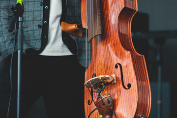 Concert view of a contrabass violoncello player with vocalist and musical rock band during jazz...